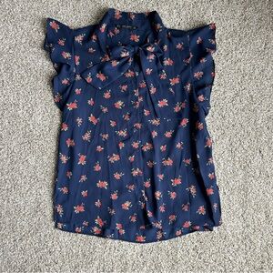 Zara Floral Navy Top + Bow Detail